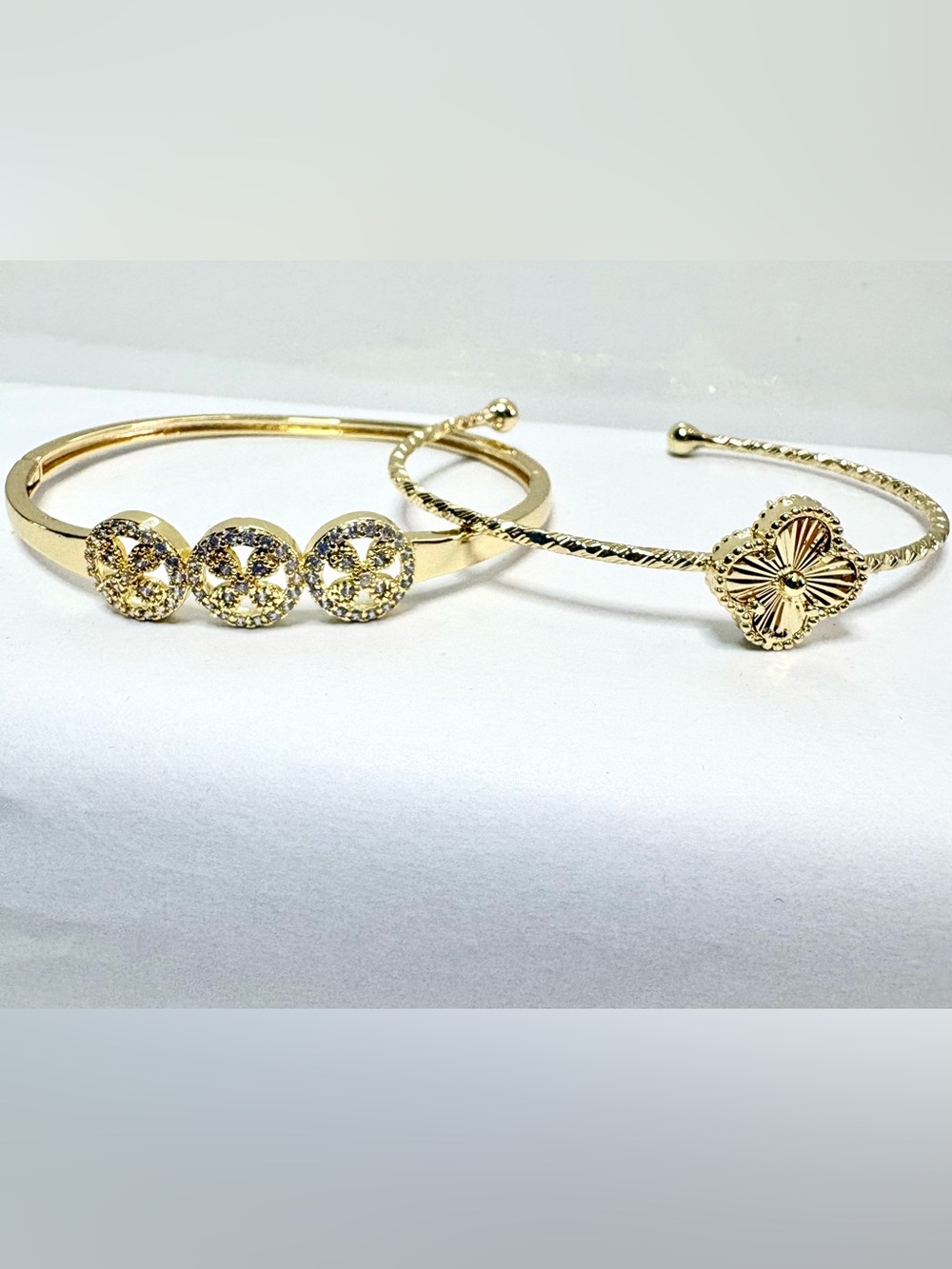 14k Gold Plated Floral Open Cuff and 14k Plated Floral Motiff Bangle.